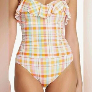 BLEU ROD BEATTIE Plaid Ruffle Swimsuit Full Coverage Slimming Size 8
